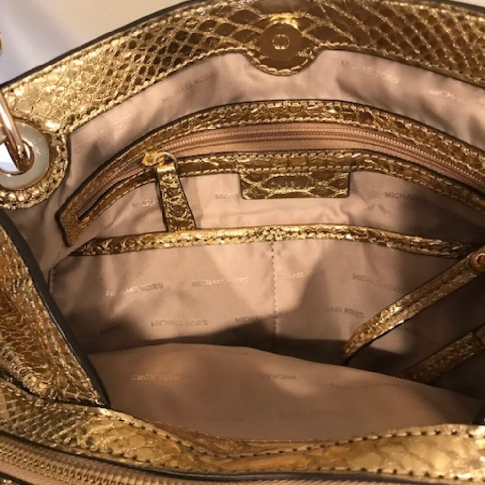 Michael Kors Raven Gold Metallic Embossed Shoulder Bag Tote - Picture 4 of 8